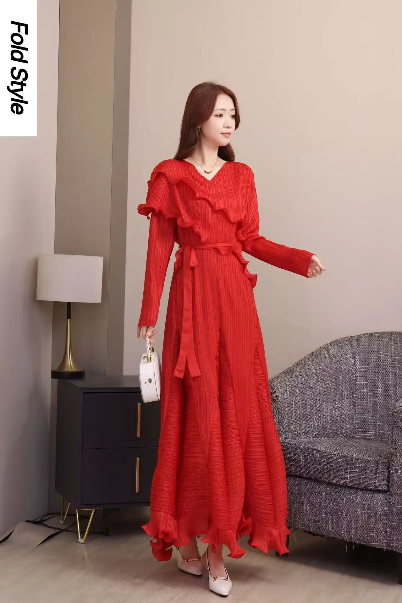 miyake-plis-2025-automne-design-sens-nouveau-bord-de-feuille-de-lotus-col-en-v-a-manches-longues-temperament-robe-maigre-vetements-pour-femmes