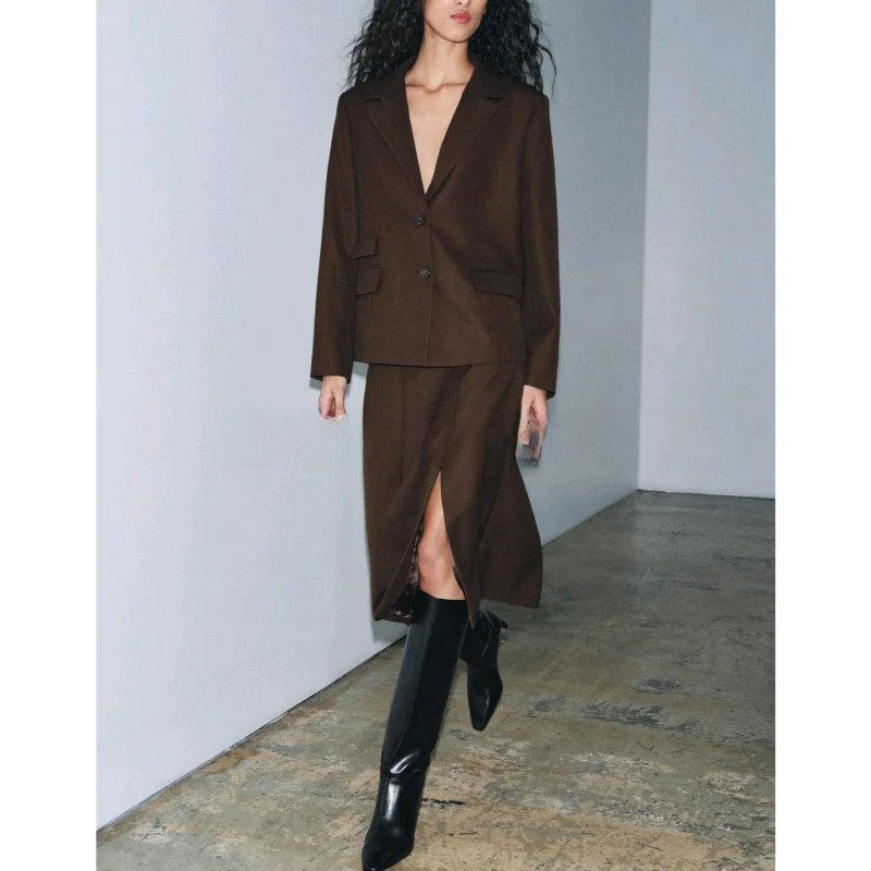 High Collar Long Sve ket Decorated Suit Jaet mid Waist Slit Design Wide Pleated Skirt Faionable Two-Piece Set for W...