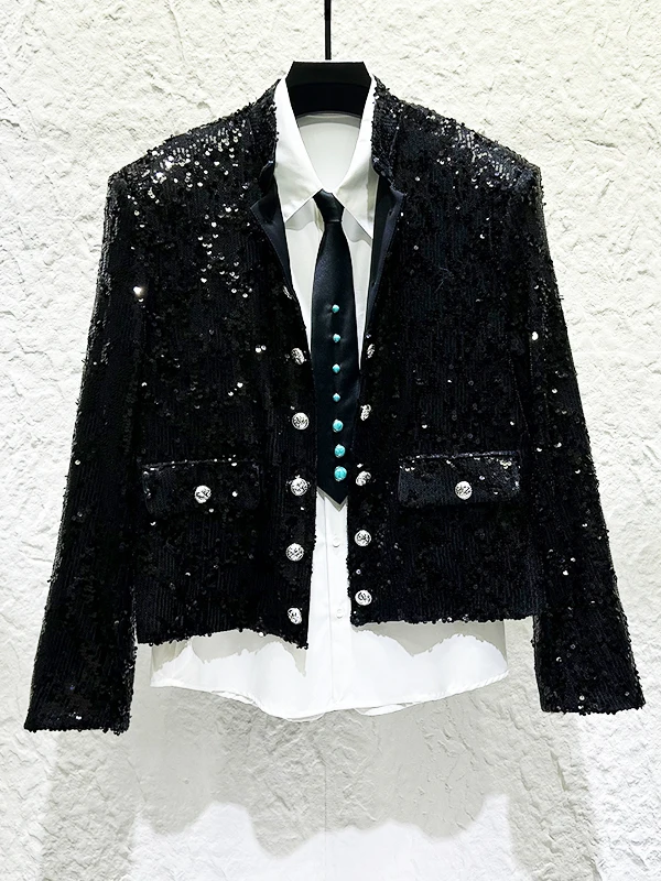 

Ele ort Heavy Embelliment Jaet Men's Performance Stage Costume Polyester Fiber Long Sve Stand Collar Pure Color
