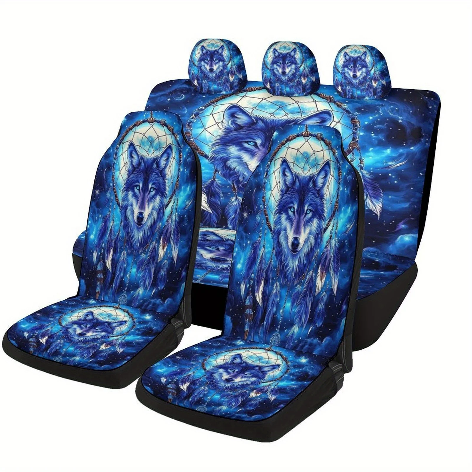 Fit Wolf Dreamcatcher Car Seat Cover Set For Most Vehicles - Full Set For 2 Front & Rear Seats With Wolf & Dreamcatcher Design,