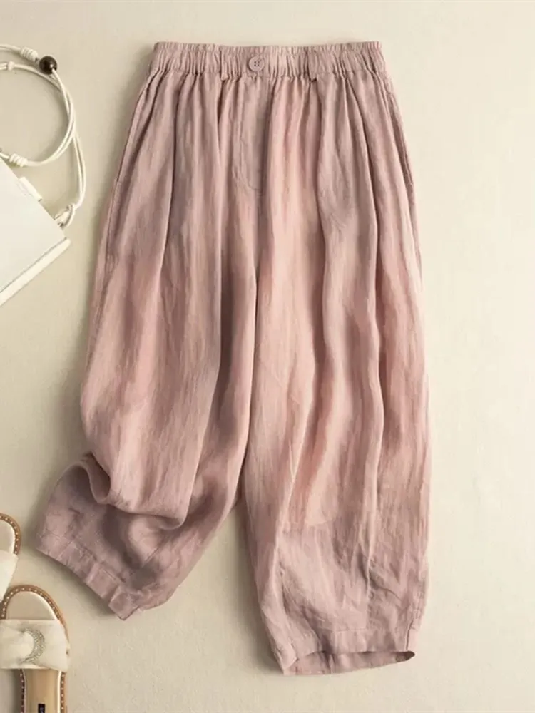 กางเกงลำลองผ้าฝ้ายลินินสำหรับฤดูร้อน ทรงฮาเร็ม ผู้หญิง ไซส์พลัส แฟชั่น ทรงเก้าส่วน ช่วยให้ดูผอม เอวสูง เหมาะสำหรับใส่ไปทำงาน...