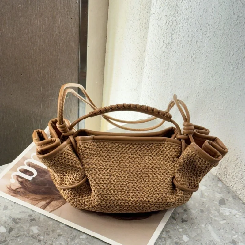 

New Raffia Straw Bag Brand Handbag Shoulder Messenger Bag Women's Bag Pleated Bag Luxury Leather Dumpling Bag Storage Purse