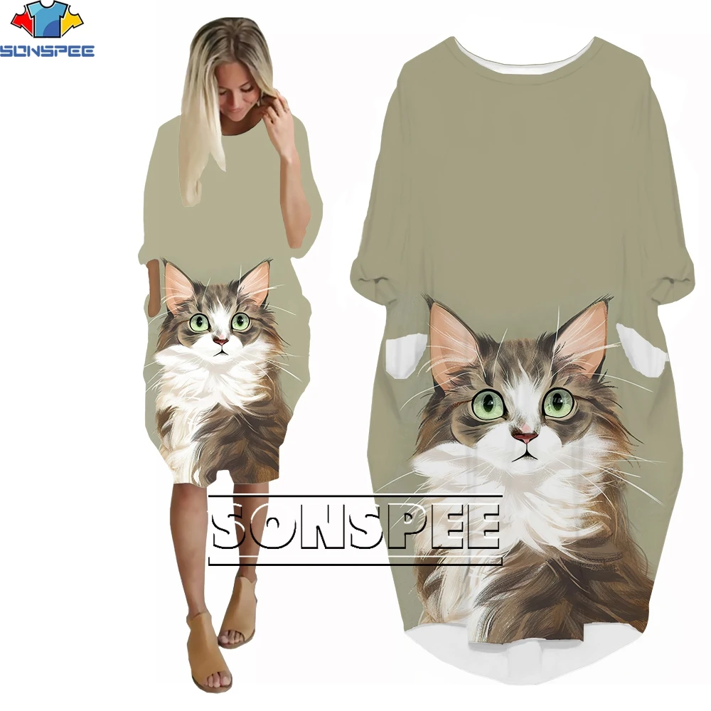 

SONSPEE Cat Sports Anime Character Retro Ladies Long Sleeve 3D Printing Pocket Girls Loose Dress Distressed Fashion Life Clothes