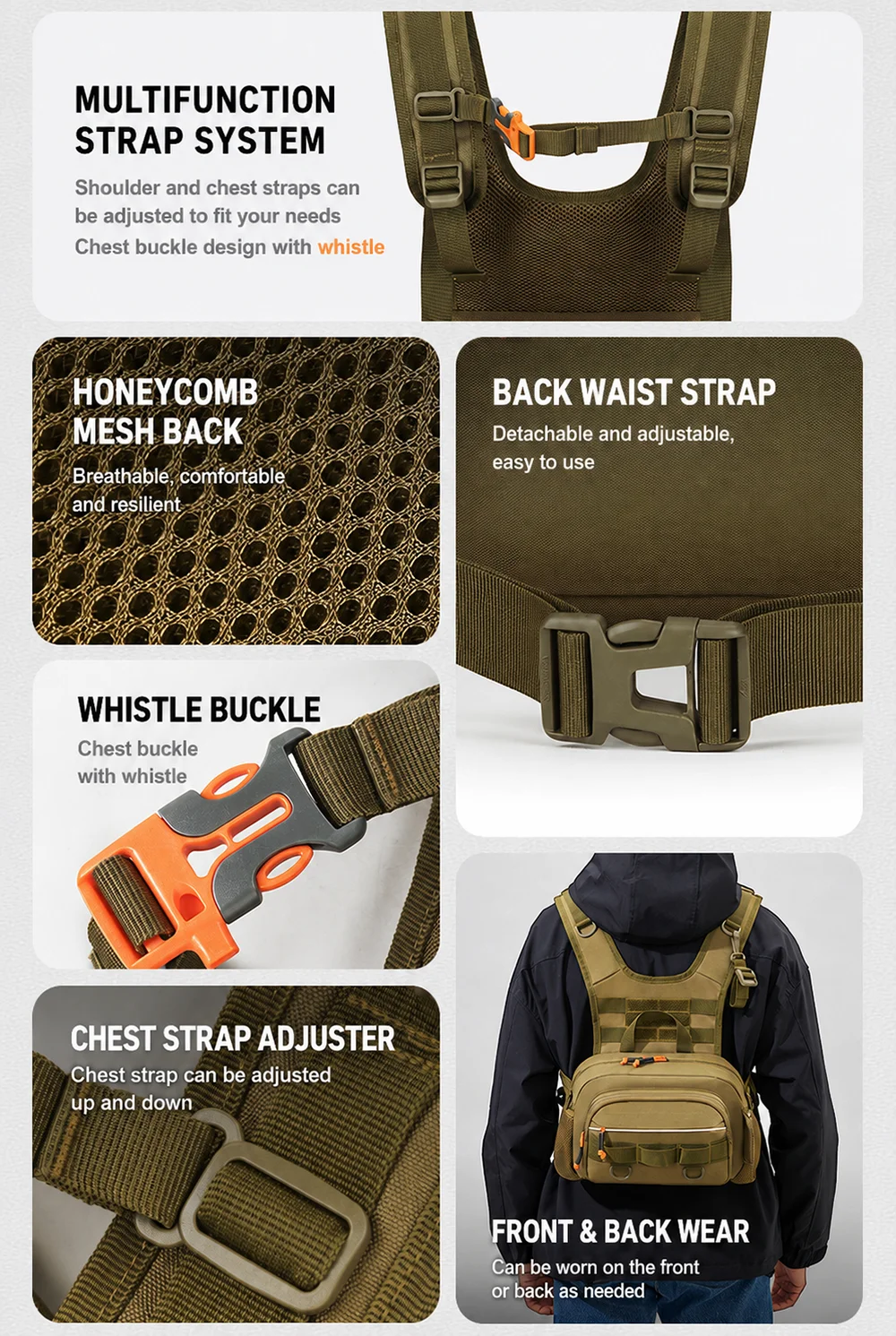 Multifunktionale Angeltasche für den Außenbereich, taktische Brusttasche mit Rutenhalter, große Kapazität, Angelzubehör-Aufbewahrungsrucksack – Detail 4
