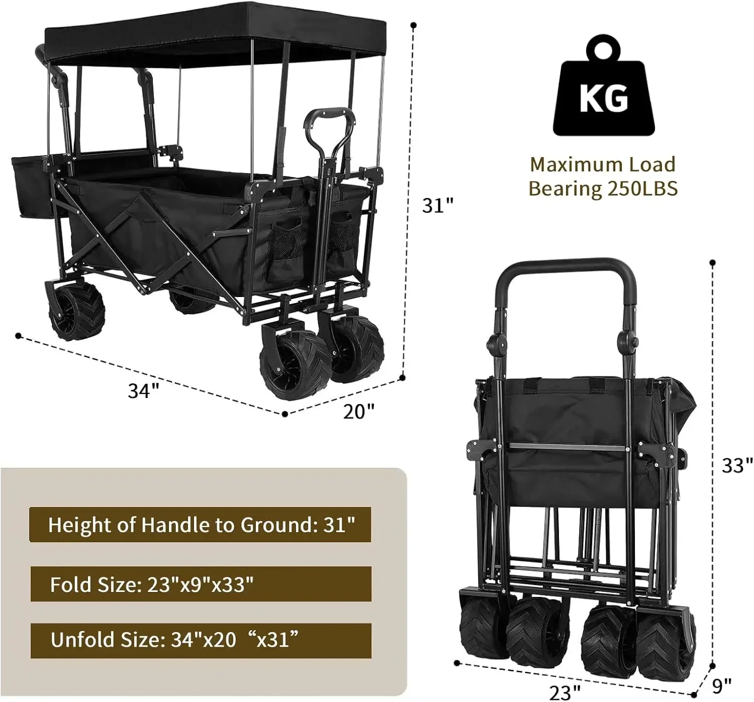 Extra Large Collapsible Wagon w/Removable Canopy, 250LBS/262L Heavy Duty Foldable Trailer w/ 7“ All