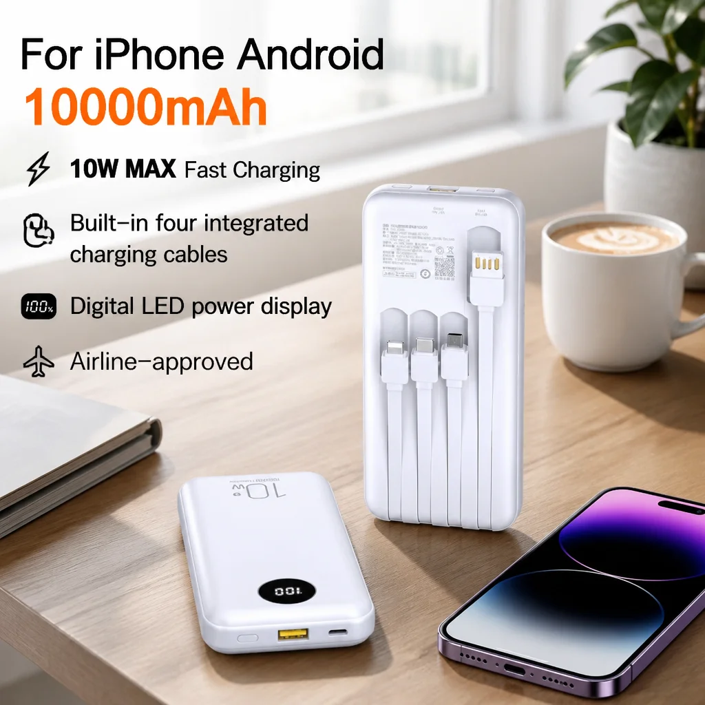 Power Bank 10000mAh Mini Travel Built-in Cable Fast Charge Portable Charger For iPhone Android