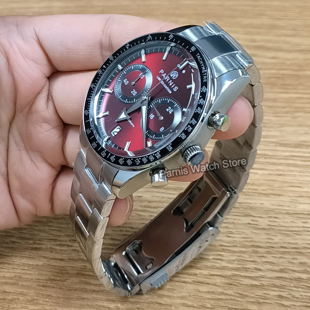 Parnis 40mm quadrante rosso lunetta nera cronografo al quarzo orologio da uomo cinturino in acciaio inossidabile da uomo orologi sportivi