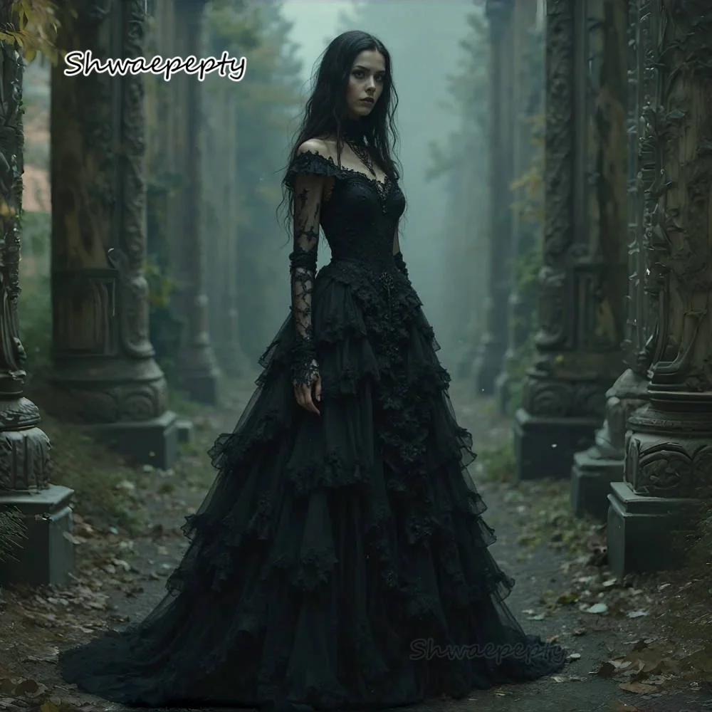 ゴシックブラックウェディングドレス長袖フリルティアーズAラインヴィンテージブライダルドレスヴァンパイアクラシックベスティドデノビアカスタマイズ