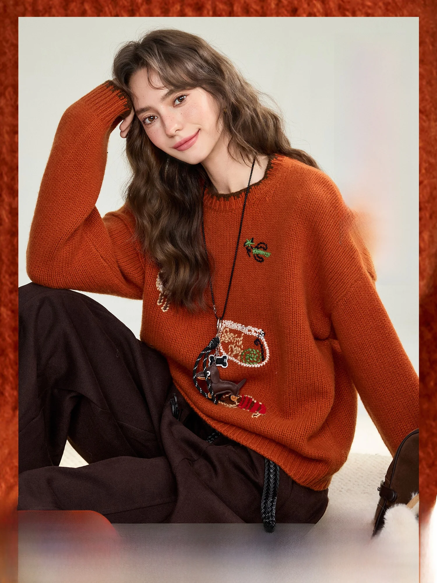 

Cute Pet Illustration Knitted Sweater Women's Loose Fit Woolen Long Sve round Ne Casual Sle Cartoon Animal Embroidery