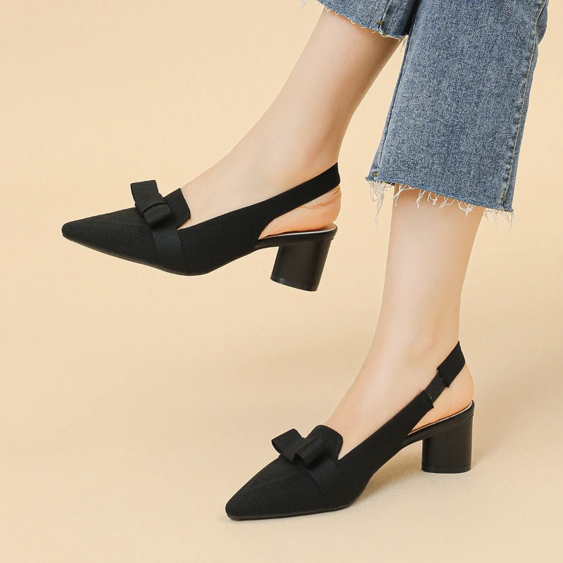 

Womens Closed Toe Backless Sandals Solid Color Bowknot Fabric Block Heel Summer High Heel One Rear Strap Elegant Casual Daily