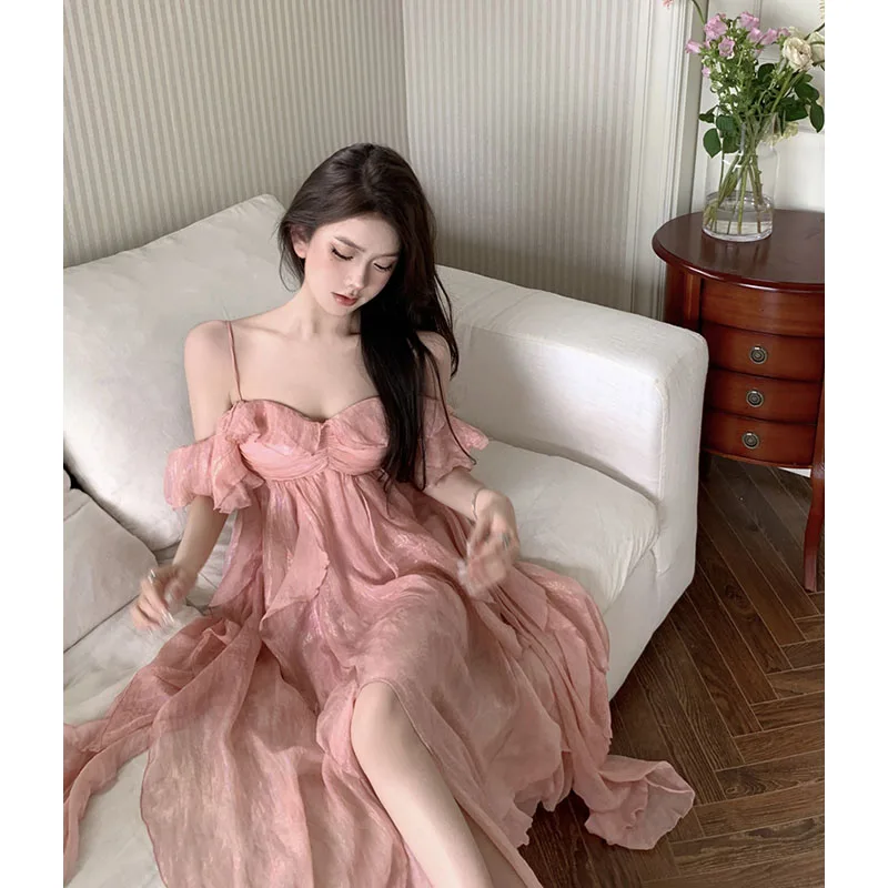 

Pink Strap Dress New off-Shoulder Ruffled Skirt for Women