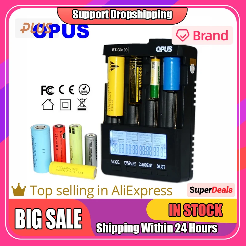 

OPUS BT-C3100 4 Slots Smart Battery Charger Adapter For Rechargeable Li-ion Batteries NiCd NiMH AA AAA 10440 18650 Batteries