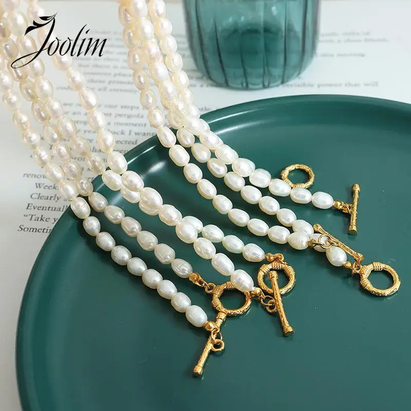 Joolim Jewelry High End PVD Wholesale Waterproof Elegant Baroque Freshwater Pearl Toggle Stainless Steel Necklace for Women