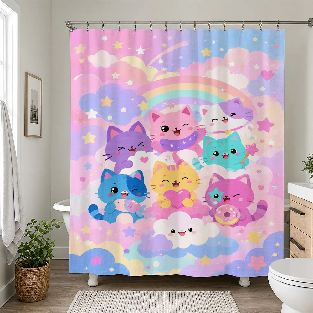 Cute Kawaii Rainbow Cartoon Cats Shower Curtain Bathroom Decor Fun Kids Nursery Shower Curtain