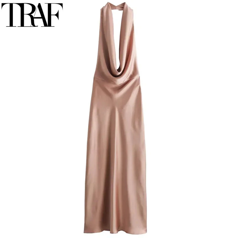 TRAF 2024 Ruched Backless Sexy Long Dresses Woman Satin Halter Neck Satin Dress Summer Off Shoulder Elegant Womens Party Dresses