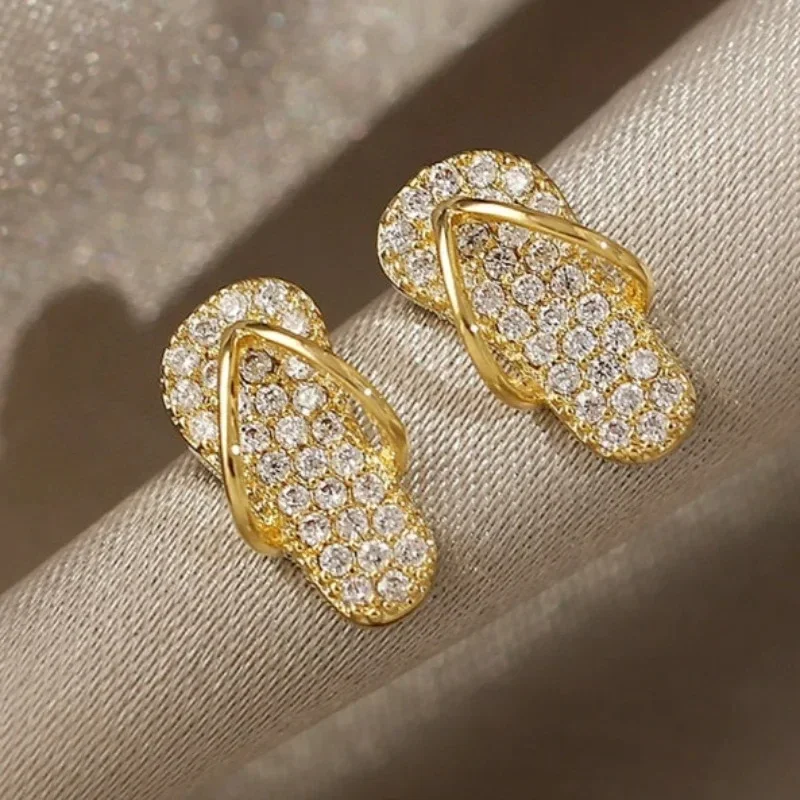 Huitan Funny Slipper Shaped Stud Earrings Full CZ Bling Bling Dainty Ear Stud for Women Daily Wear Dance Party Statement Jewelry