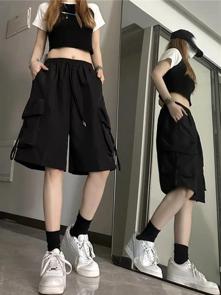 

Y2K Summer Korean Casual Strappy Shorts Women High Waist Wide Leg Short Trousers Female Pockets Streetwear Outing Cargo Pants