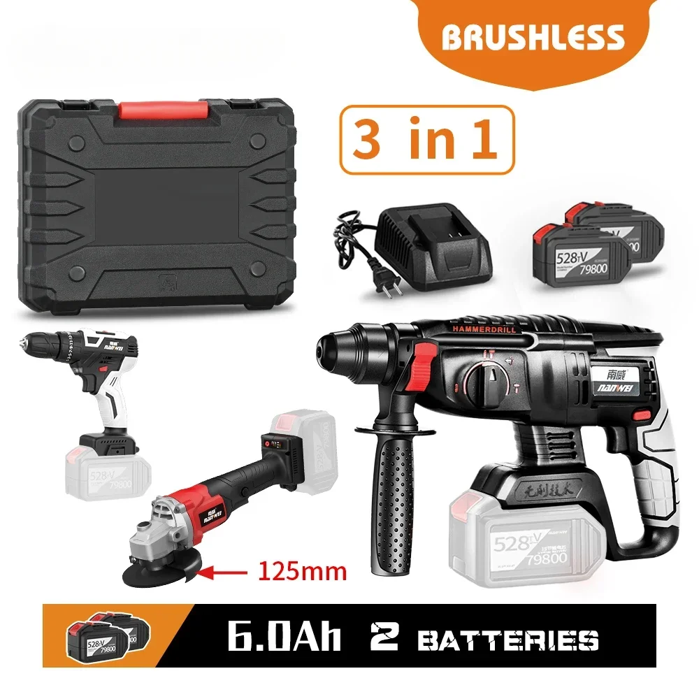 4/3/2pcs brushless cordless power tools set power drill angle grinder power impact wrench Impact electric hammer