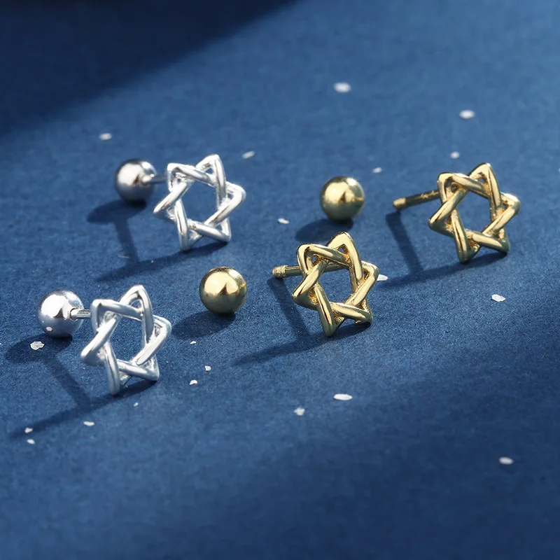 YILUOCD 925 Silver Plated Star Twisted Earrings Hollow Hexagon Star of David Stud Earring Jewelry for Woman Christmas Gifts