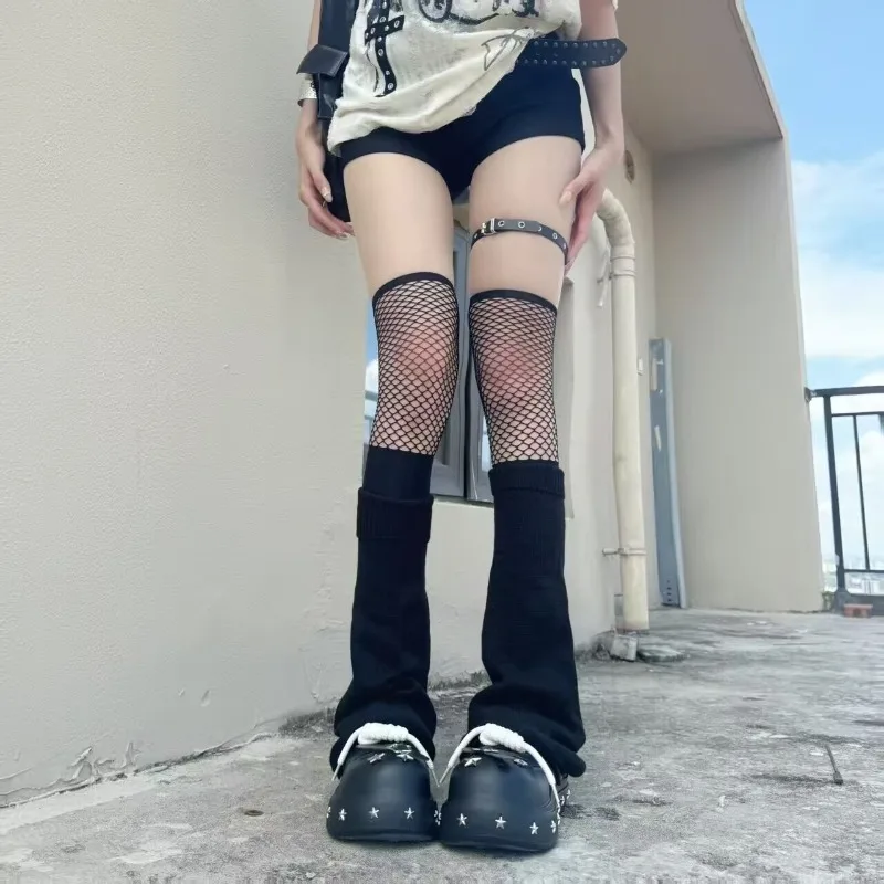 JK Velvet Spliced Fishing Net Thigh Socks Sexy Black Tight-fitting Thigh-high Stockings Vintage Harajuku Style Outfit
