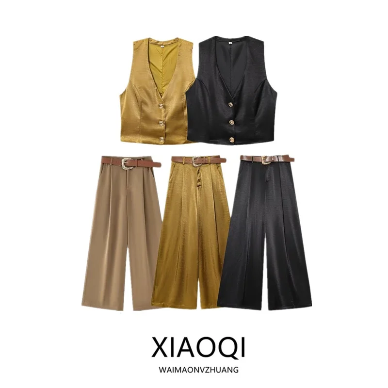 

Spring 2025 Women's Silk Satin Wide Leg Casual Pants with Belt High Waist Long Trousers Faion Commute Sle New Arrival