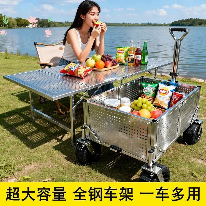 Stainless steel folding trolley light and durable camping travel trolley picnic children can lie down trolley stall