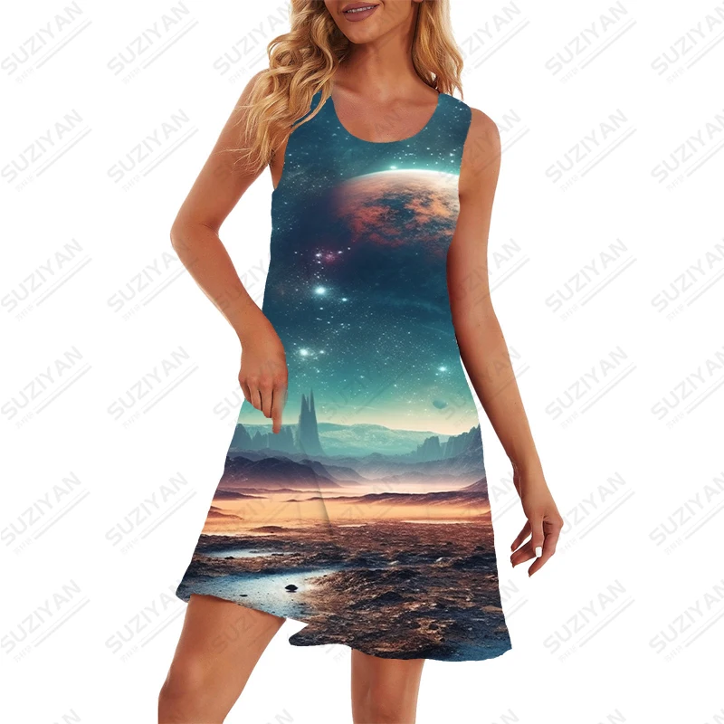 Vestido solto sem mangas feminino, céu estrelado, impressão 3D, simples, macio, casual, moda de rua, verão