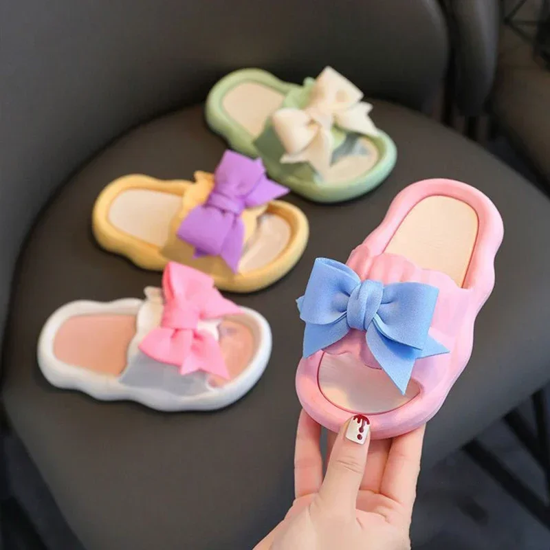 Children Slippers Girls Wearing Soft Soled Slippers Outside Cute Bow Anti Slip Bathroom Slippers Contrast Color Kid Slippers