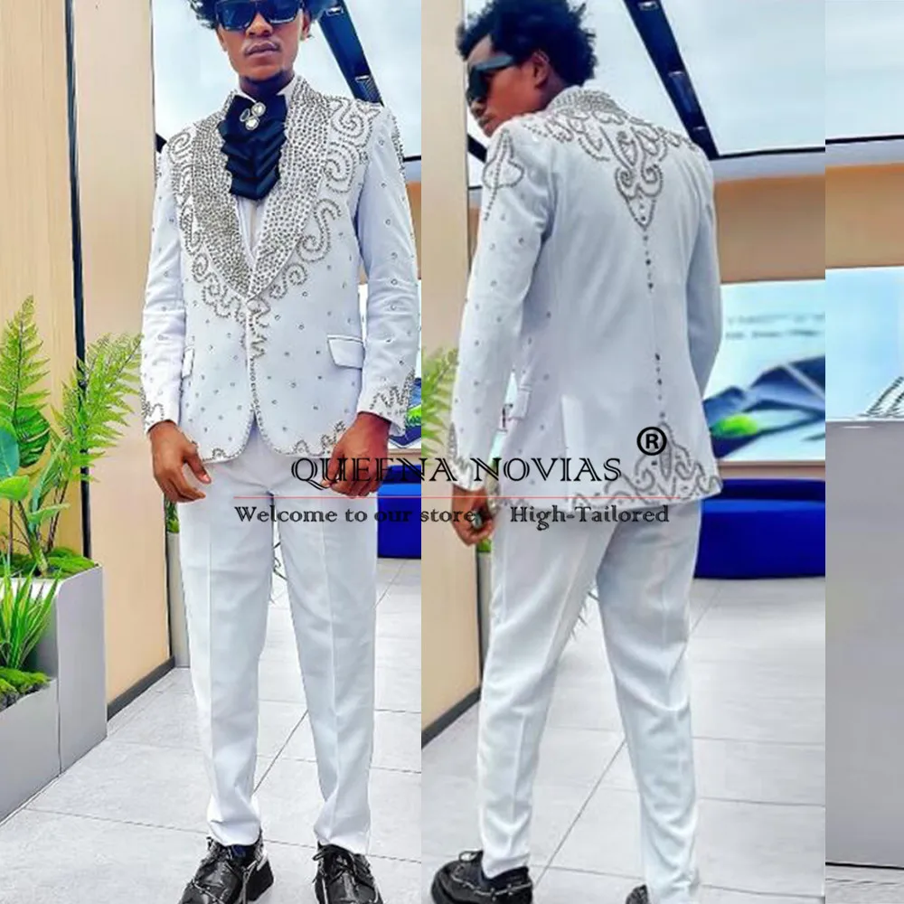 

Elegant Beaded Stone Suit Men Slim FIt 2-Piece Sets Double Breasted Prom Blazer Italian Design Groom Wedding Tuxedo Man Clothing