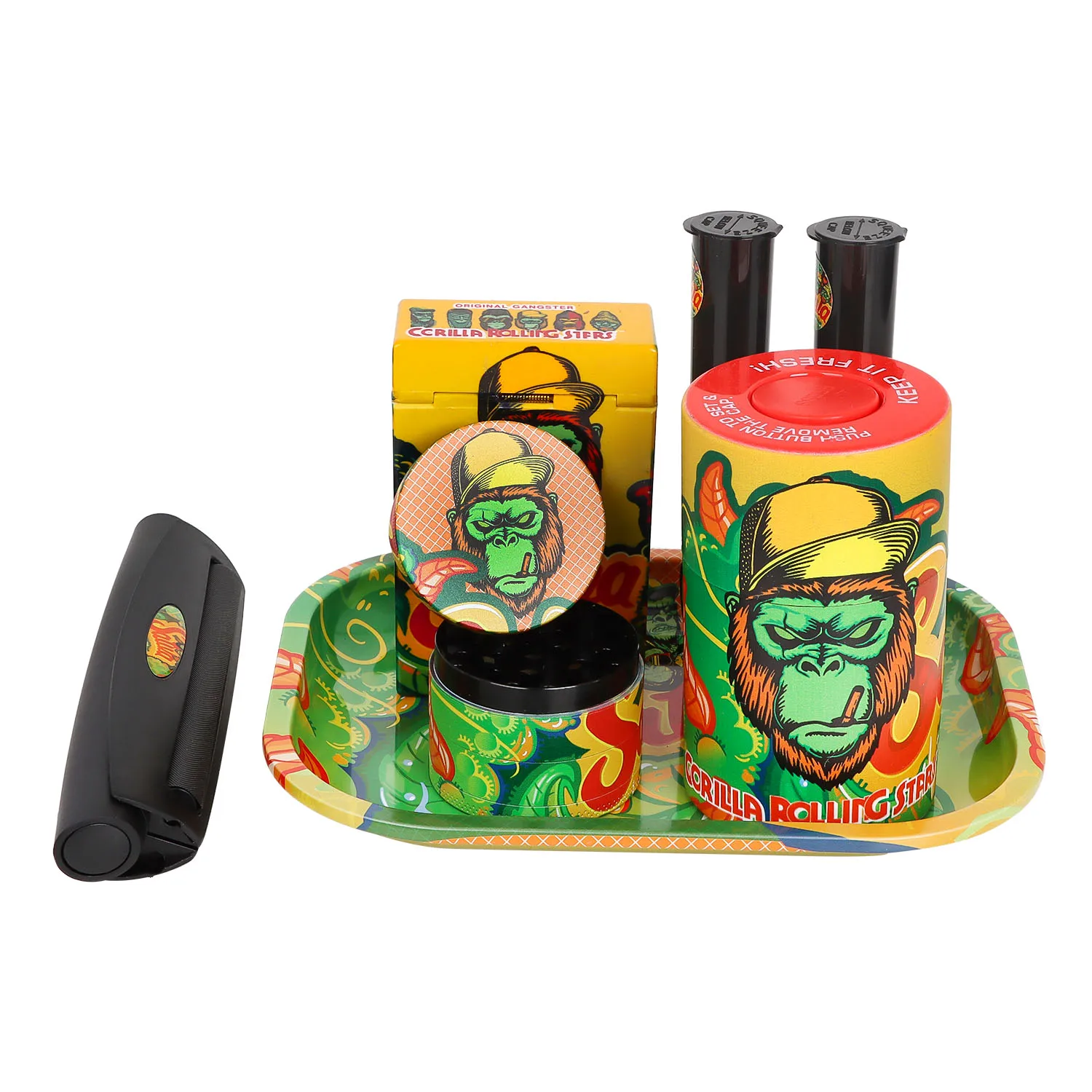 Gorilla Smoking Tobacco Kit Set Rolling Tray Airtight Herb Container Zinc Alloy Smoke Grinder Herbal King Size Roller Machine