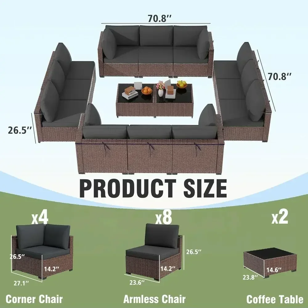 14-Piece All-Weather PE Rattan Outdoor Sectional Sofa Set with Cushions & Easy-Clean Coffee Table (Brown/Grey)