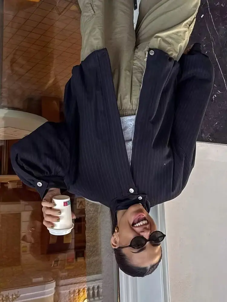 

HH Women Fashion Coat Casual Stripes Button Zipper Pockets Decoration Long Sleeves Slim Short Jacket Female Loose Street Coat