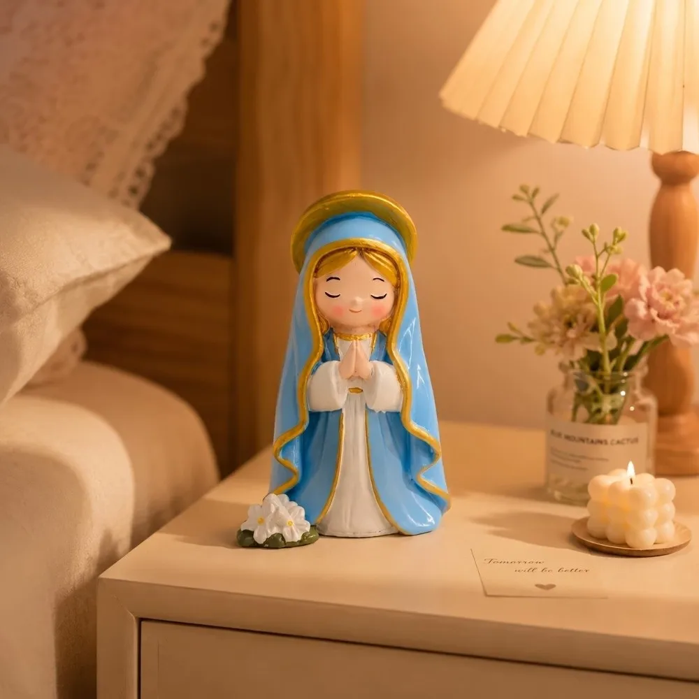 Decoration Chibi Virgin Mary Statue Collectible Resin Virgin Mary Figurine Desktop Catholic Theme Christian Ornament
