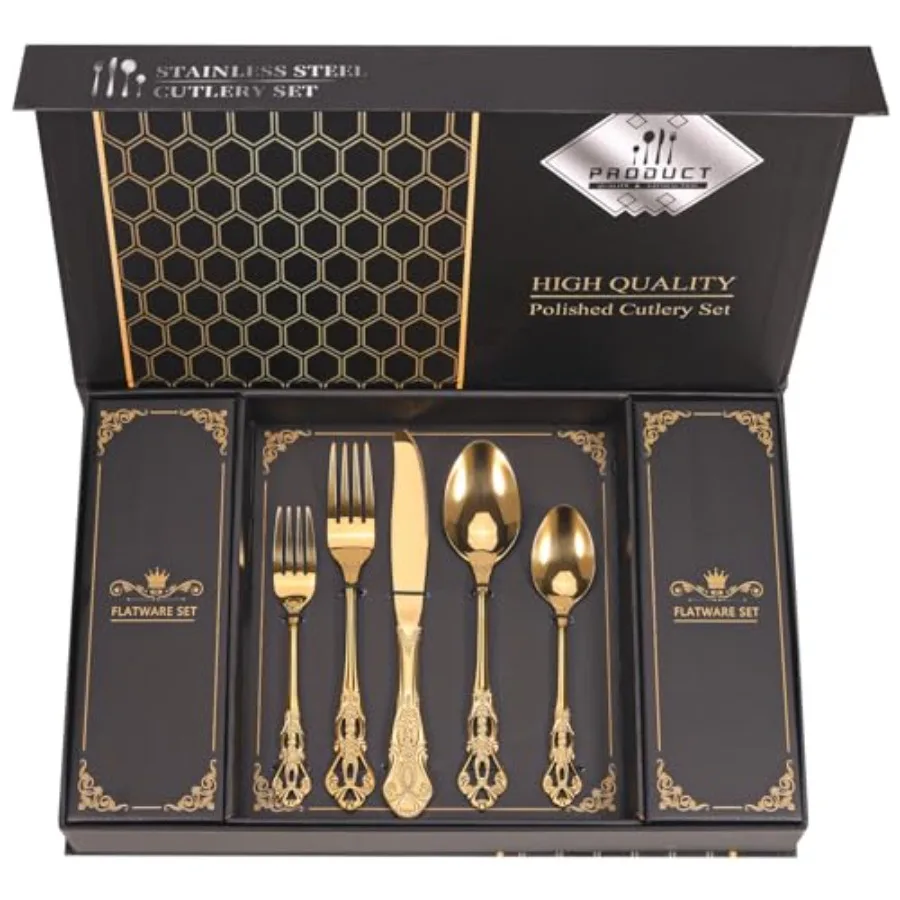 

Retro Royal Gold Silverware Set With Gift Box For 8 Cutlery Set Utensils Stainless Steel Flatware 40 Pieces Kitchen Tableware S