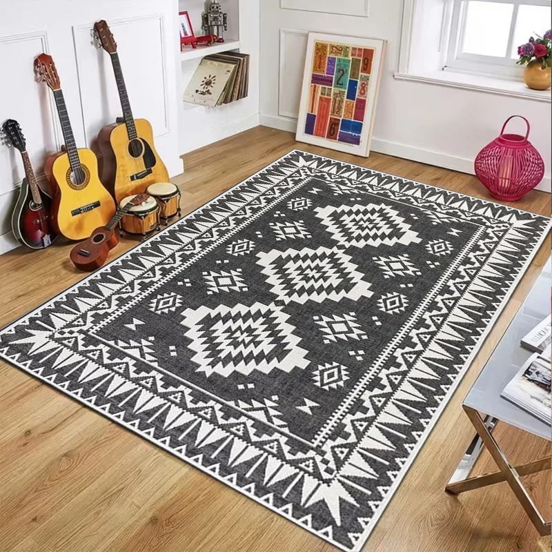 Dark Gray Geometric Carpet Mat Rug with Tribal Diamond Pattern Sleek Non-slip Home Decoration for Living Room Bedroom Indoor Rug