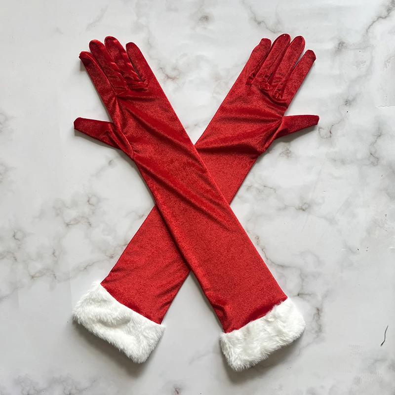 زوج 50 سنتيمتر أحمر طويل المخملية الأبيض فروي الكفة قفازات النساء أنيقة حفلة عيد الميلاد تأثيري مساء فستان الشتاء الدافئة اكسسوارات