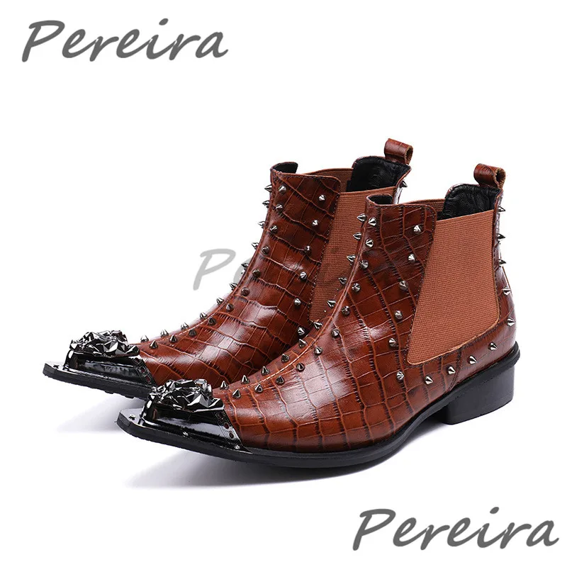 

British Style Brown Cowhide Chelsea Boots for Men Rivet Suede Leather Iron Pointed Toe Short Boots Trendy Youth Men's Shoes