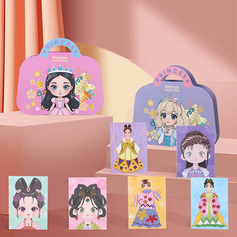 1 Set Princess Makeup Bag Kit With Princess Dress Up Sticker Book DIY Paper Art Craft Birthday Gifts For Girl