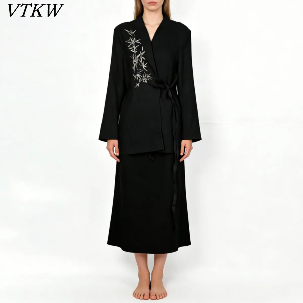 

VTKW 2026 New Arrival Women Black Blazer Skirt Set Bamboo Embroidery V Neck Tie Waist Two Piece Office Suit