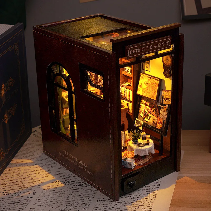3D Wooden DIY Detective Agency Book Nook, LED Lighted Miniature Diorama Kit, Handmade Creative Birthday Gift for Mystery Fans