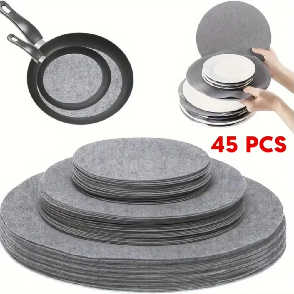 45Pcs Felt Round Pan Protectors Plate Divider Pads for Pots Dishes Bowls Cabinet Storage Scratchproof Cookware Organization