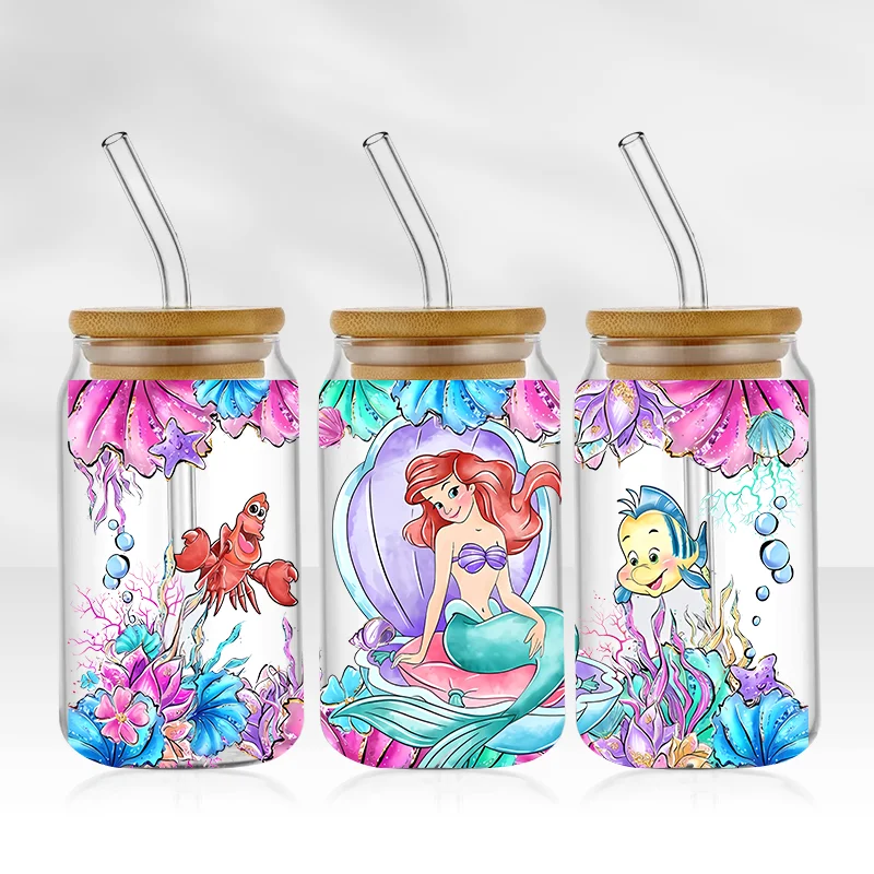 Pegatinas de dibujos animados de Disney para envolver vasos de vidrio, calcomanías de transferencia impermeables, princesa Frozen, Elsa, Anna, UV, DTF, 16oz