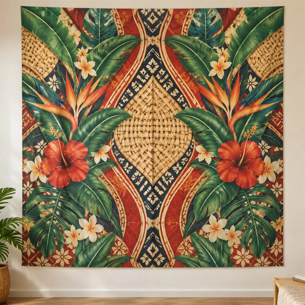 VIKAMA Rattan Weave Pattern Mirror Symmetric Tapestry Wall Hanging, Southeast Asian Wall Art Tapestries for Living Room Bedroom
