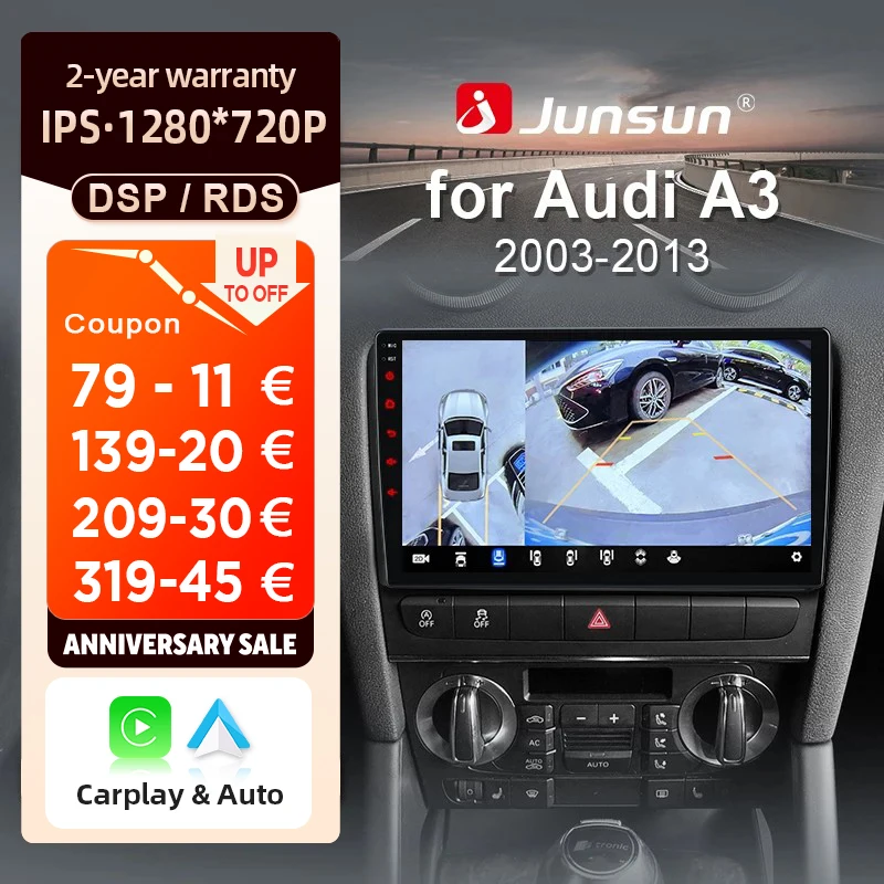 Junsun für Audi A3 8P 2003 2004 2005-2013 9 Zoll 4GB 64GB Android 13 Autoradio GPS Navigation Carplay DSP Bluetooth FM Lenkradbedienung Unterstützung USB AUX Eingang Rückfahrkamera Bereit 1080P Video
