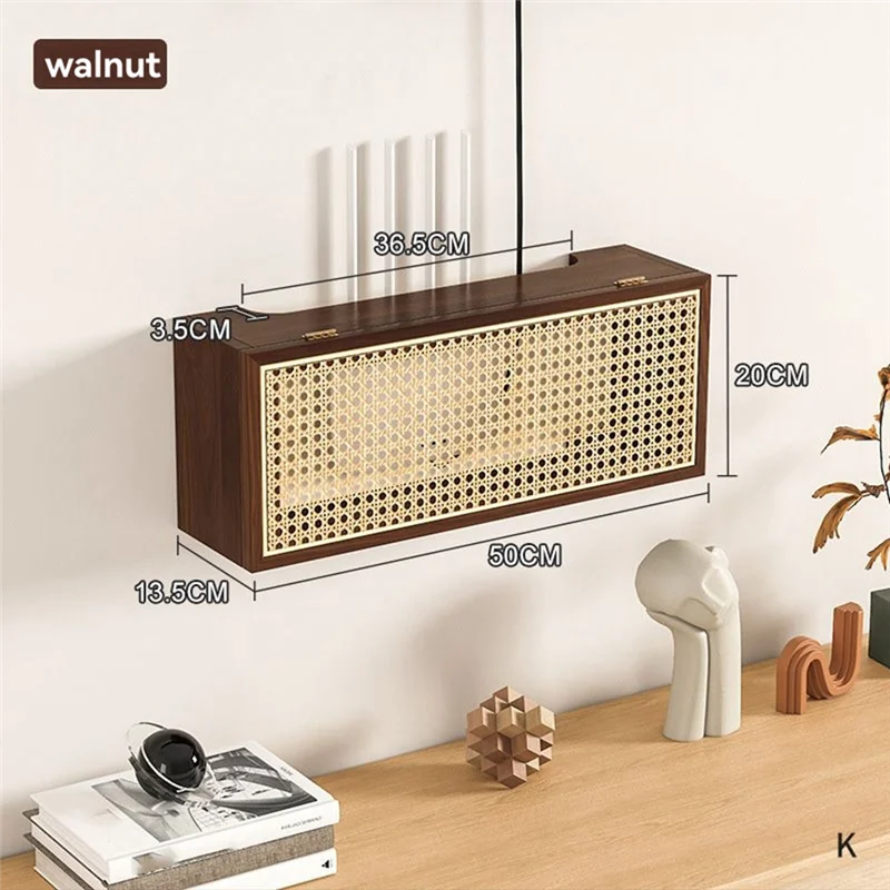 A88E-Vintage Solid Wood Rattan Designed Wireless Router Storage Box For Wall-Mounted TV Set-Top Box Rack