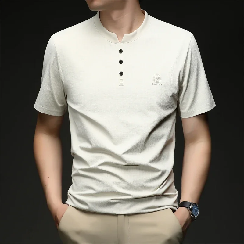 Mens Button Placket V Neck Short Sleeve T Shirt Solid Basic Style For Everyday Work Travel And Casual Outings All Season Use view 4