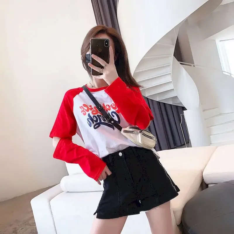 2024 Autumn New Long Sleeve Tshirt Women Korean Fashion Contrast Color Stitching Hollow Loose Top Women Plus Fashion Graphic Tee