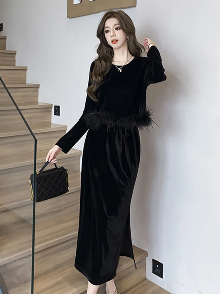 Vintage Black Velvet 2 Pieces Outfit Ladies Women Elegant Simple Short Tops Shirt Blouse And Midi Skirt Mujer Set Street Clothes