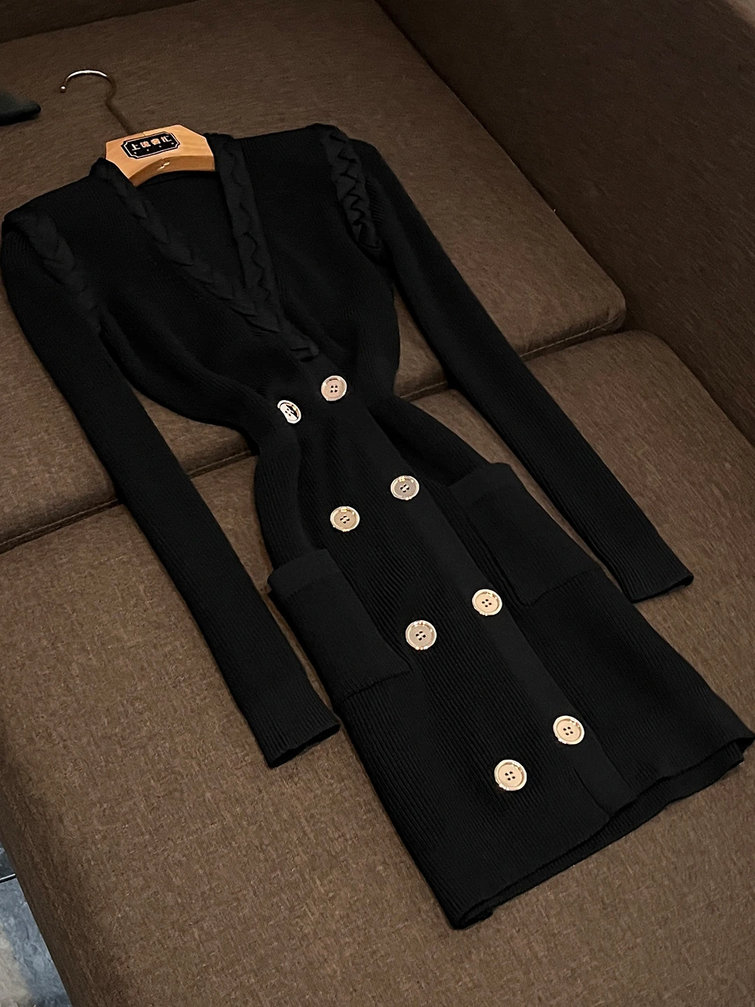 

Winter Long Sve V-Ne Knitted Dr Slim Fit Double Breasted Metal Button Design Sensation Bla Ci Commute Suitable