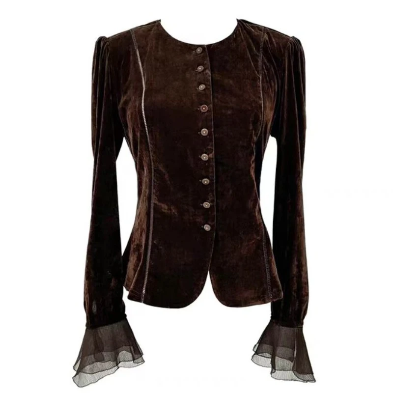 

Retro Velvet Blouse Tops 2025 Autumn Winter Long Sleeve Women Shirt Single-breasted Casual Warn Clothes